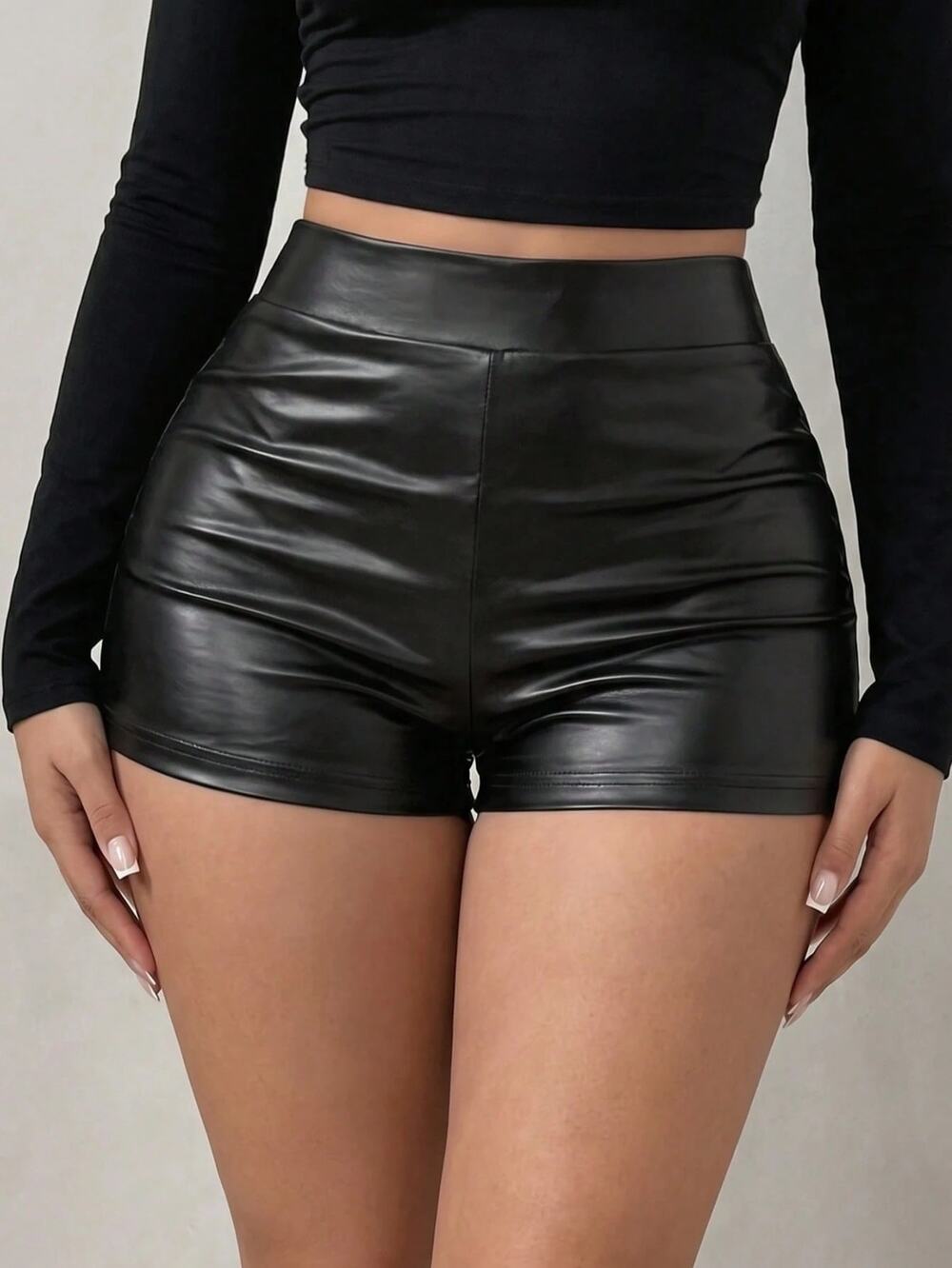 SheIn Black Faux Leather PU High Waisted Shorts Women's Size Medium 6